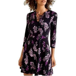 MANGO Black / Purple / Pink Floral Long Sleeve Fit & Flare Mini Dress Sz. 2 / XS